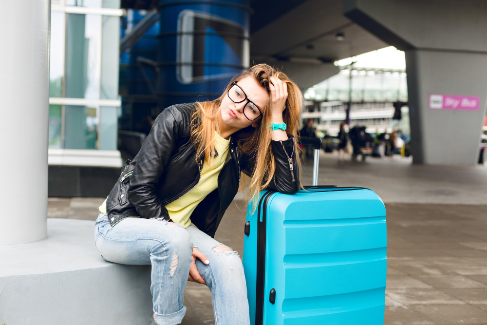 Pasageră cu bagaj în aeroport după anularea unui zbor