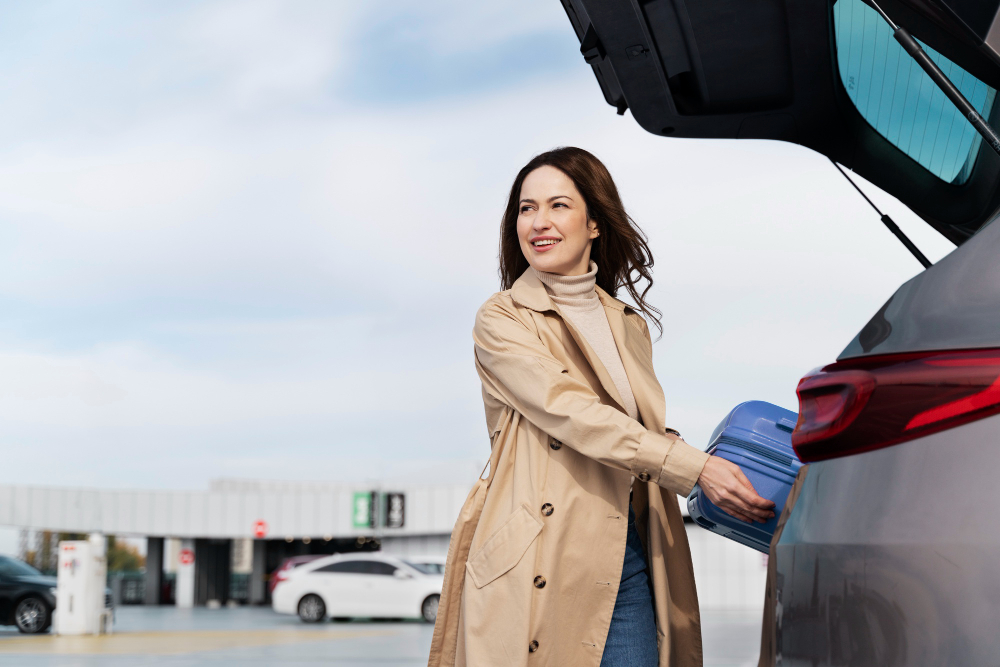 Femeie care așază o valiză albastră în portbagajul unei mașini, imagine ilustrativă pentru servicii rent a car la Aeroportul Iași.